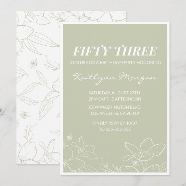 Elegant Green Floral 53rd birthday invitations   (Front/Back)