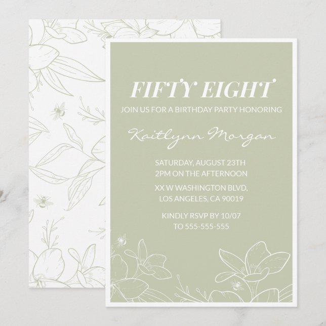 Elegant Green Floral 58th birthday invitations   (Front/Back)