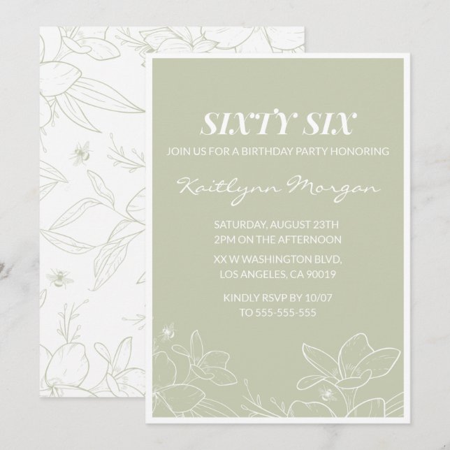 Elegant Green Floral 66th birthday invitations   (Front/Back)