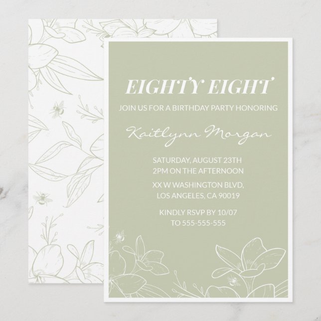Elegant Green Floral 88th birthday invitations   (Front/Back)