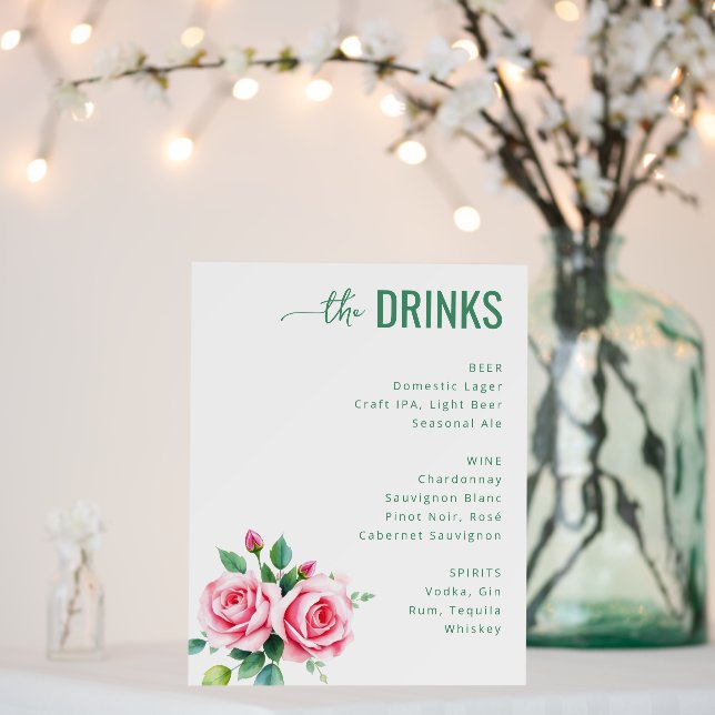 Elegant Green Floral Beverage Menu Foam Board (In Situ (Wedding))