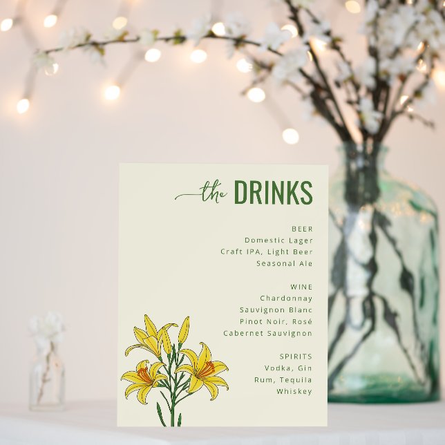 Elegant Green Floral Beverage Menu Foam Board (In Situ (Wedding))