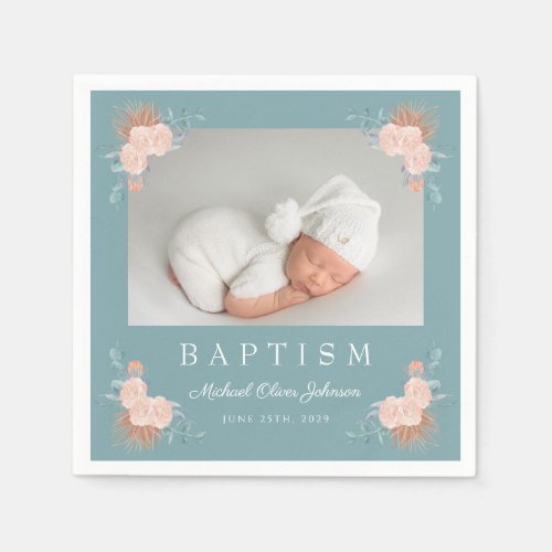 Elegant Green Floral Boy Photo Baptism Napkins