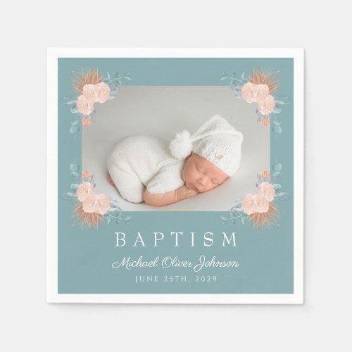 Elegant Green Floral Boy Photo Baptism Napkins