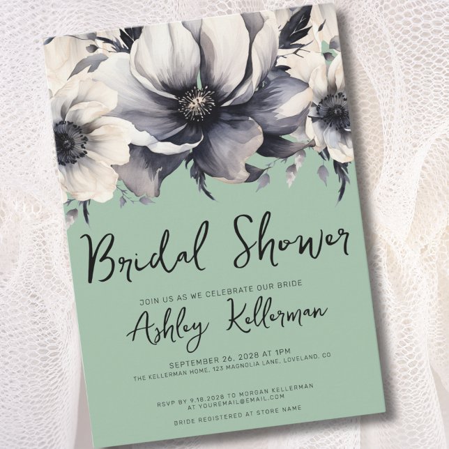 Elegant Green Floral Bridal Shower Invitation (Watercolor Elegant Floral Sage Green Bridal Shower Invitation)