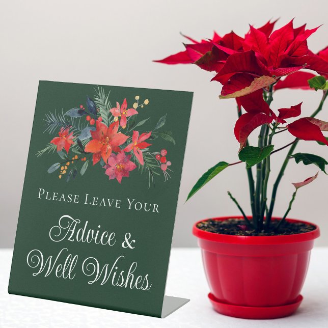 Elegant Green Floral Christmas Wedding Advice Pedestal Sign (Creator Uploaded)