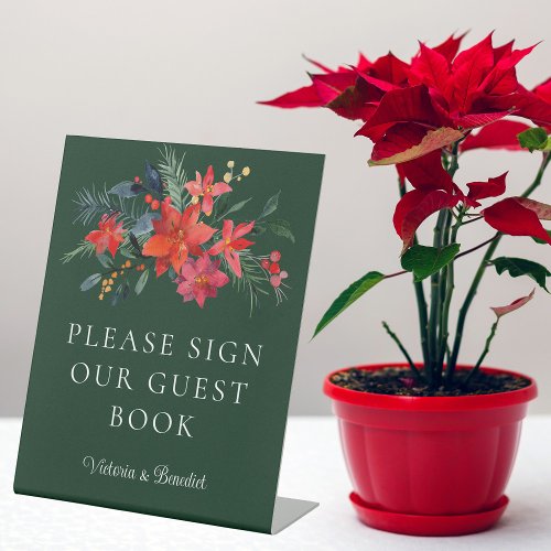 Elegant Green Floral Christmas Wedding Guest Book Pedestal Sign
