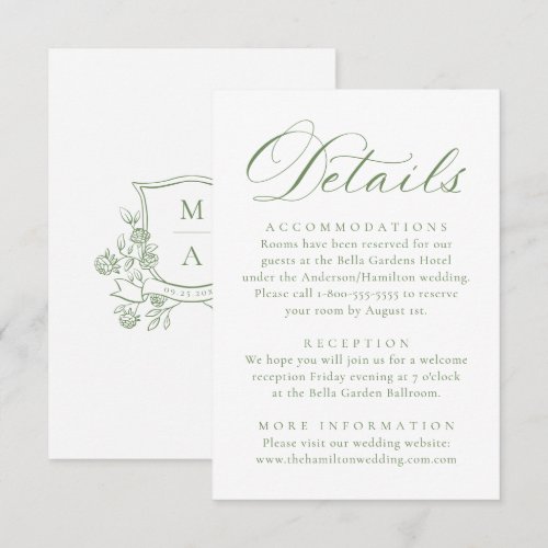 Elegant Green Floral Crest Monogram Details Enclosure Card