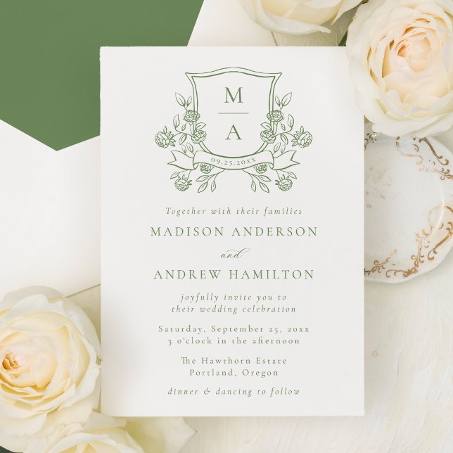 Elegant Green Floral Crest Monogram Wedding Invitation (Creator Uploaded)