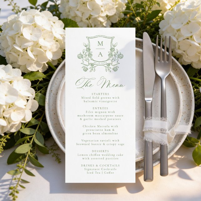 Elegant Green Floral Crest Monogram Wedding Menu (Creator Uploaded)