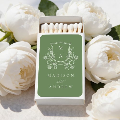 Elegant Green Floral Crest Wedding Matchboxes