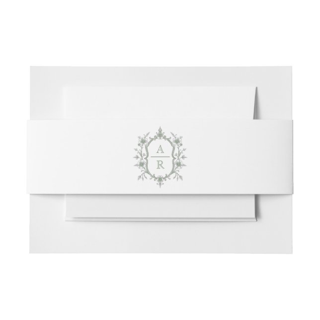 Elegant green floral crest with monogram wedding invitation belly band (Front Example)