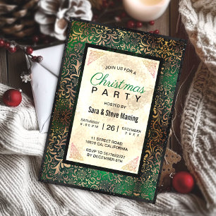 Elegant green floral faux gold Christmas Invitation
