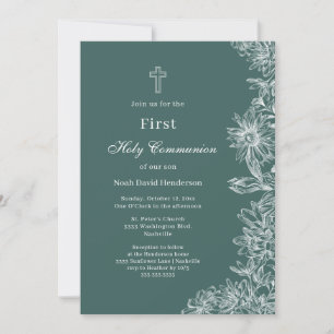 Elegant Green Floral First Holy Communion Invitation