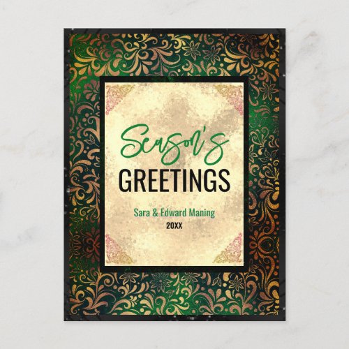 Elegant green floral gold Christmas new year Postcard