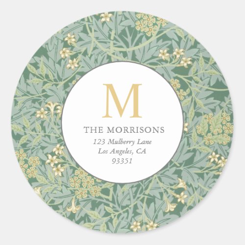 Elegant Green Floral Gold Monogram Return Address Classic Round Sticker