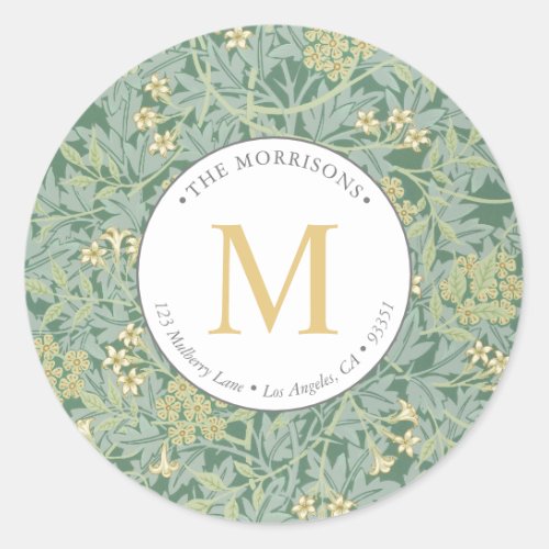 Elegant Green Floral Gold Monogram Return Address  Classic Round Sticker