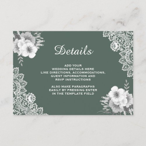 Elegant Green Floral Lace Wedding Details Enclosure Card