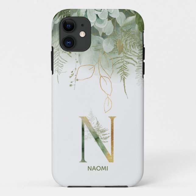 Elegant Green Floral Letter N Case-Mate iPhone Case (Back)