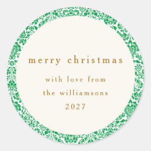 Elegant Green Floral Merry Christmas Personalized Classic Round Sticker