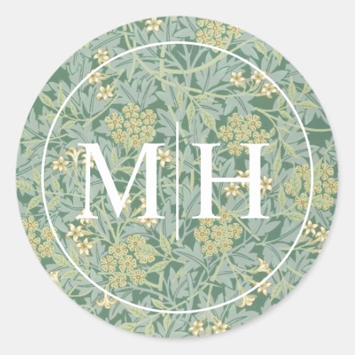 Elegant Green Floral Monogram Wedding Classic Round Sticker