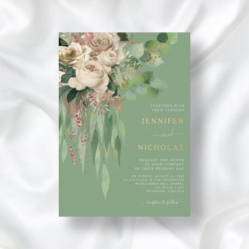 Elegant Green Floral Peonies Wedding  Foil Invitation