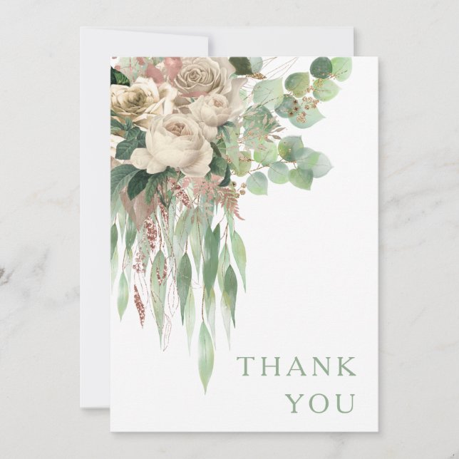 Elegant Green Floral Peonies Wedding Thank You Card (Front)