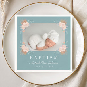 Elegant Green Floral Photo Baptism Napkins