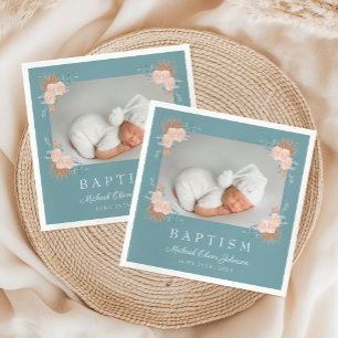 Elegant Green Floral Photo Baptism Napkins