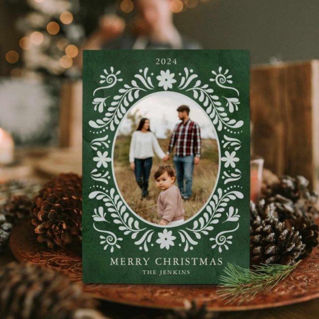 Elegant Green Floral Photo Christmas  Holiday Card (Elegant Botanical Photo Christmas Card)