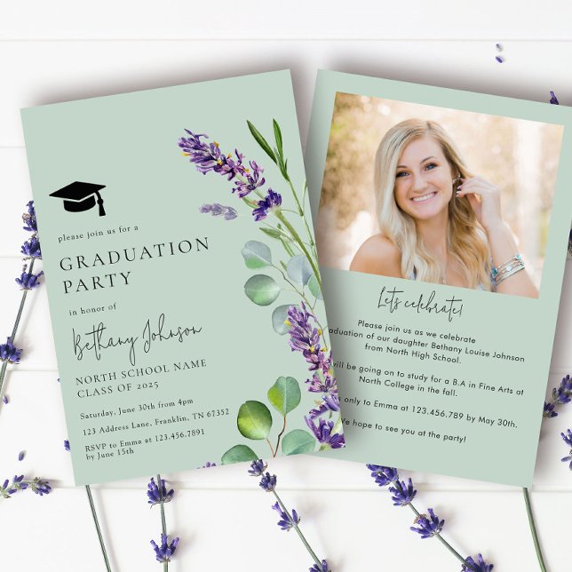 Elegant Green Floral Photo Graduation Party Invitation (Creator Uploaded)