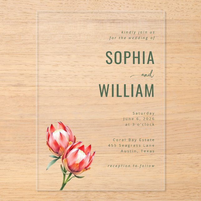 Elegant Green Floral Protea Acrylic Invitations (Front)