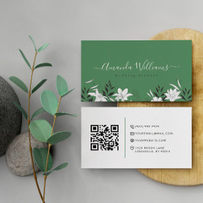 Elegant Green Floral QR Code Business Card
