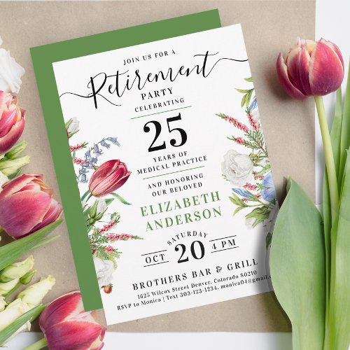 Elegant Green Floral Retirement Celebration Party Invitation