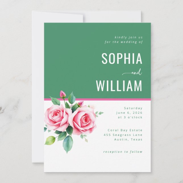 Elegant Green Floral Roses Invitation (Front)