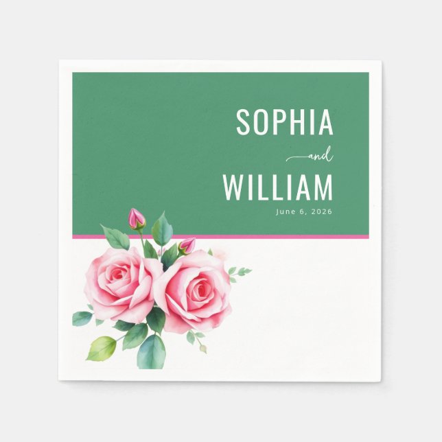 Elegant Green Floral Roses Napkins (Front)