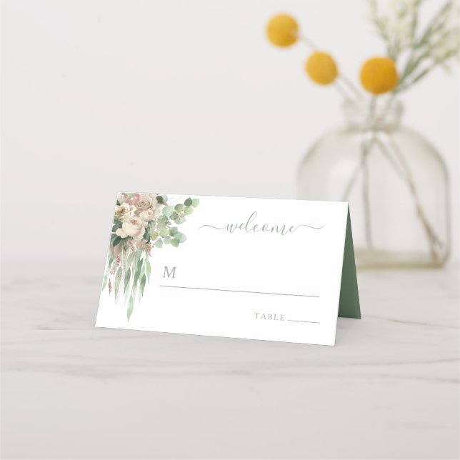 Elegant Green Floral Roses Wedding Place Card (Front)