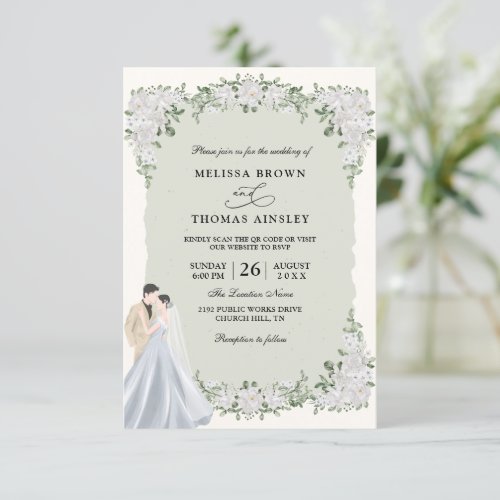 Elegant Green Floral Rustic Budget Qr Code Wedding Invitation