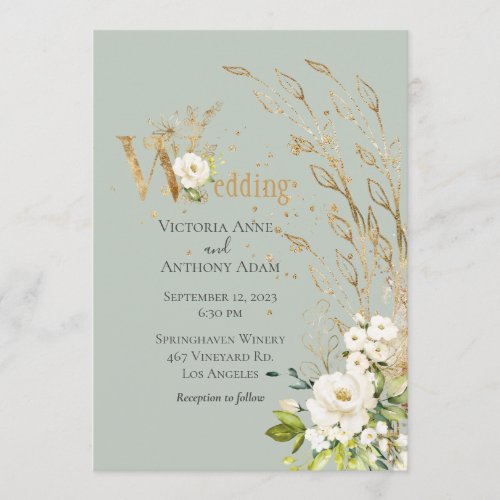 Elegant Green Floral Rustic Script Wedding Invitation