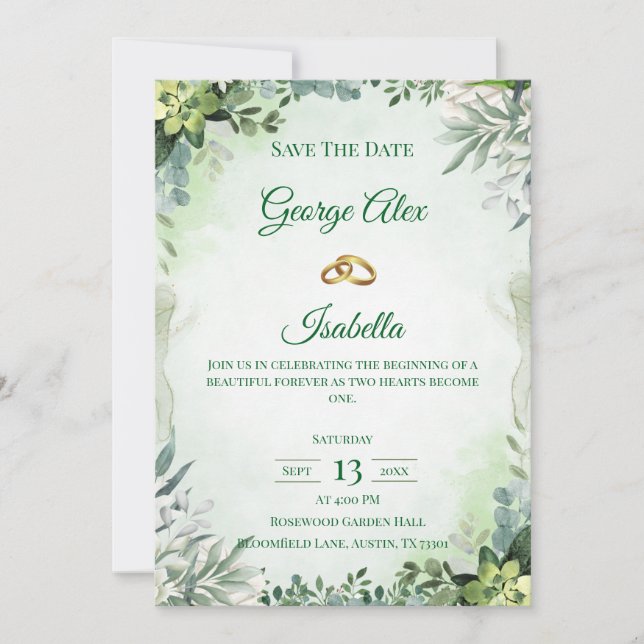 Elegant Green Floral Save the Date Wedding (Front)