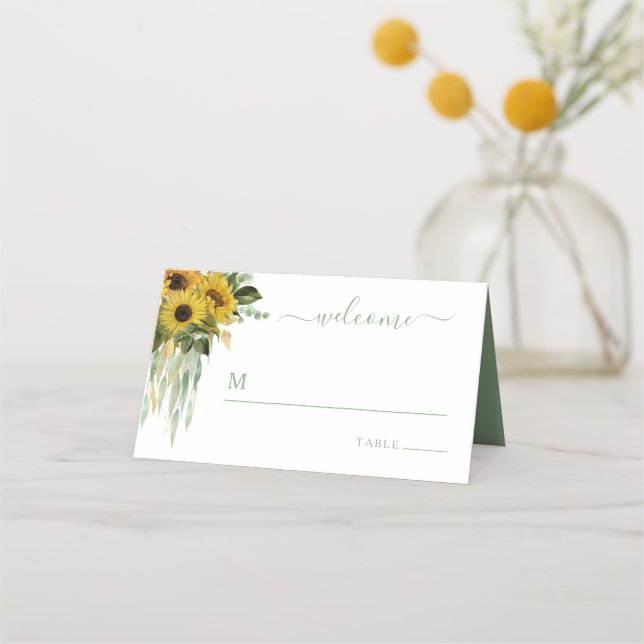Elegant Green Floral Sunflower Wedding Place Card (Front)