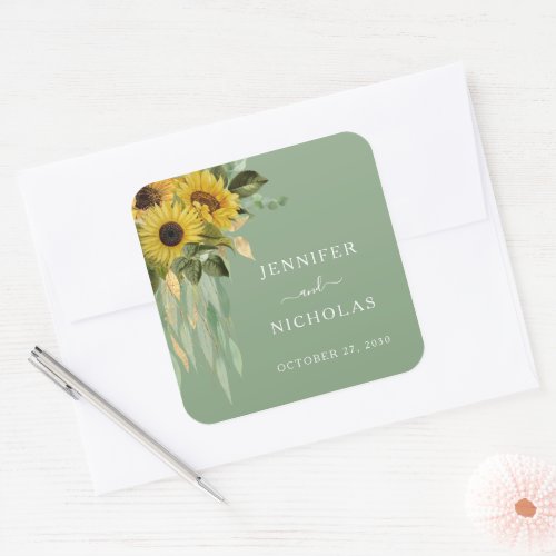 Elegant Green Floral Sunflowers Wedding Square Sticker