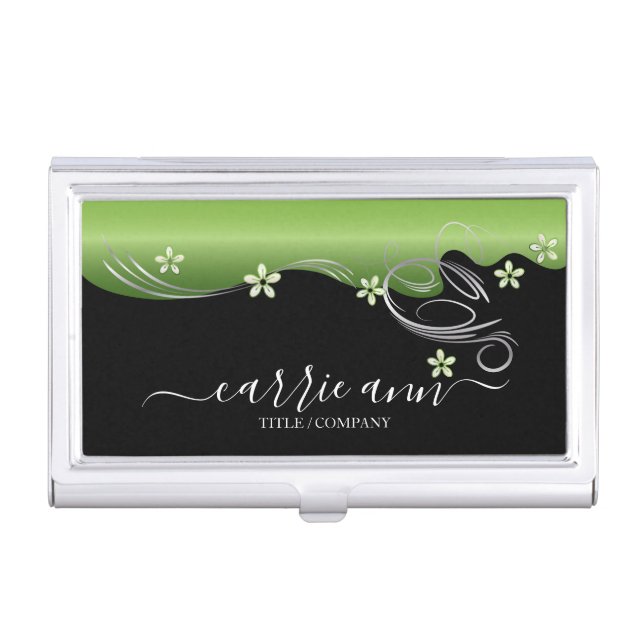 Elegant Green Floral Swirl | Personalize   Business Card Case (Front)