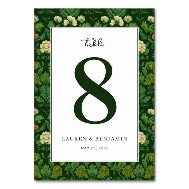 Elegant Green Floral Table Number (Front)