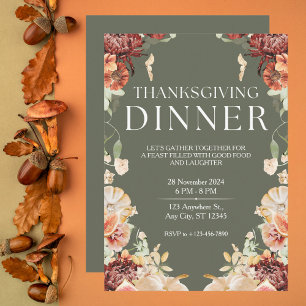 Elegant Green Floral Thanksgiving Dinner Invitation