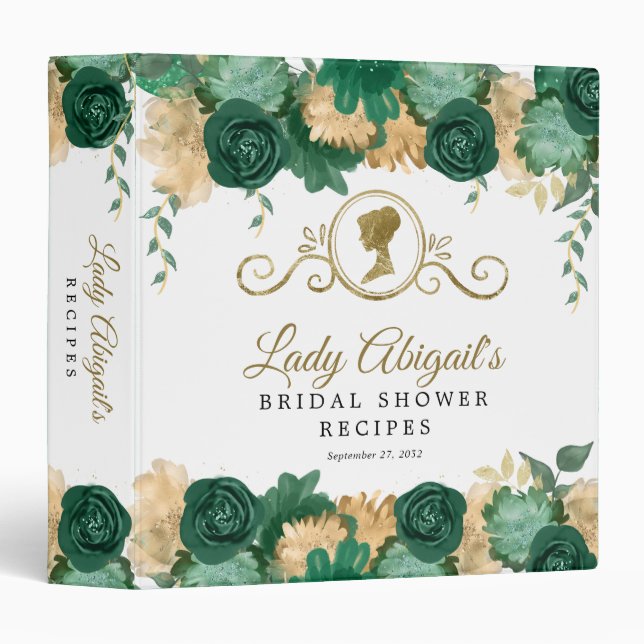 Elegant Green Floral Victorian Bridal Shower 3 Ring Binder (Front/Spine)