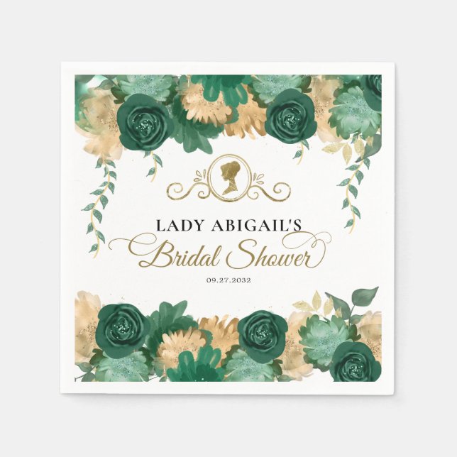 Elegant Green Floral Victorian Bridal Shower Napkins (Front)