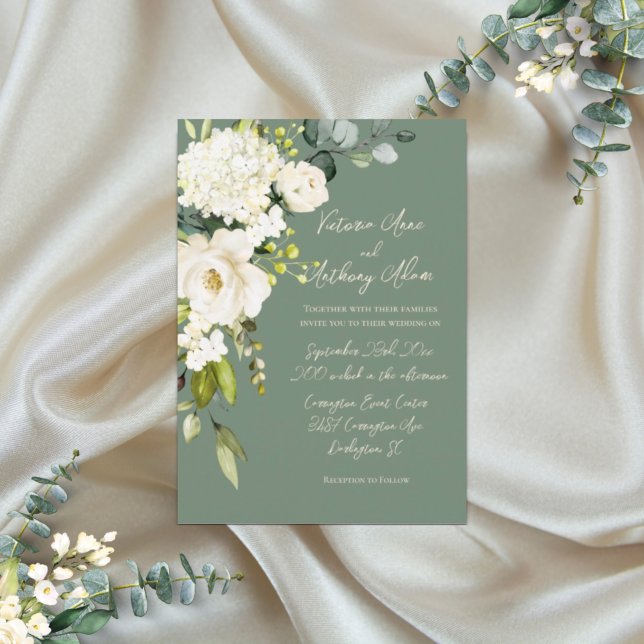 Elegant Green Floral Watercolor Script Wedding Invitation (Creator Uploaded)
