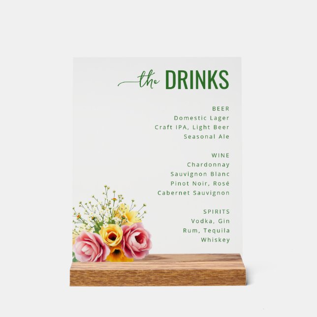 Elegant Green Floral Wedding Menu Acrylic Sign (Front)