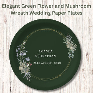 Elegant Green Flower and Mushroom Wreath Wedding Paper Plates